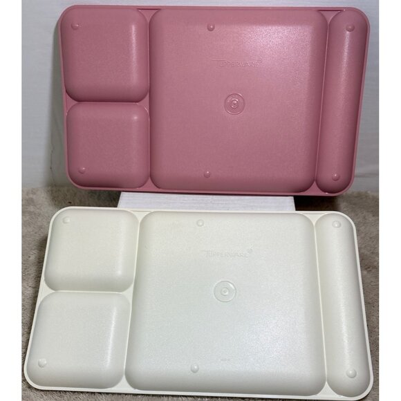 Tupperware Picnic Divided Trays Set of 2 Vintage Pink White Cafeteria Style - Picture 2 of 11